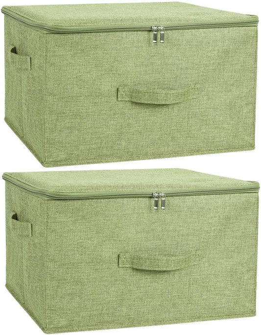 ANMINY 2PCS Storage Bins with Zipper Lids 36 Qt Lidded Fabric Storage Boxes Baskets Cubes with Handles Collapsible Washable Cotton Linen Closet Shelf Clothes Organizer Containers - Green, Large