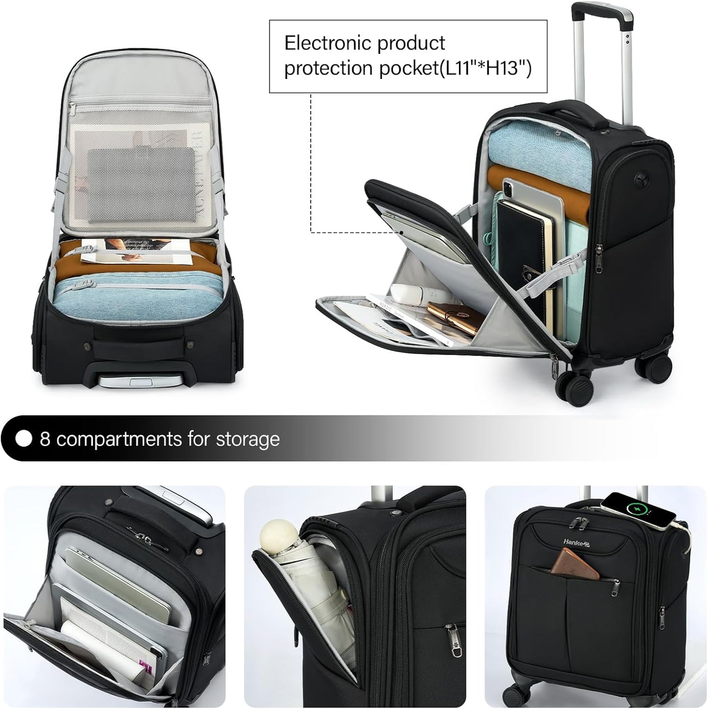Hanke Underseat Carry On Luggage with Wheels, Lightweight Small Suitcase Airline Approved 16 Inch Softside Personal Item Travel Bag for Women Men, Compact Under Seat Luggage with Spinner Wheels,Black