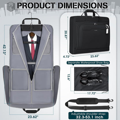 RAINSMORE Garment Bags for Travel Carry On Garment Bag for Hanging Clothes, Suit Bag for Business Trips with Shoes bag & Shoulder Strap, Waterproof Foldable Suit Luggage Bag for Men Women, Black