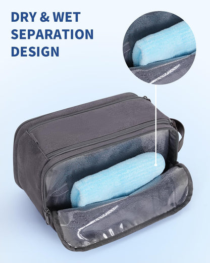 WANDF Toiletry Bag for Men Travel Toiletry Organizer Canvas and Leather Dopp Kit Water-Resistant Shaving Bag for Travel Accessories (Grey, Large)