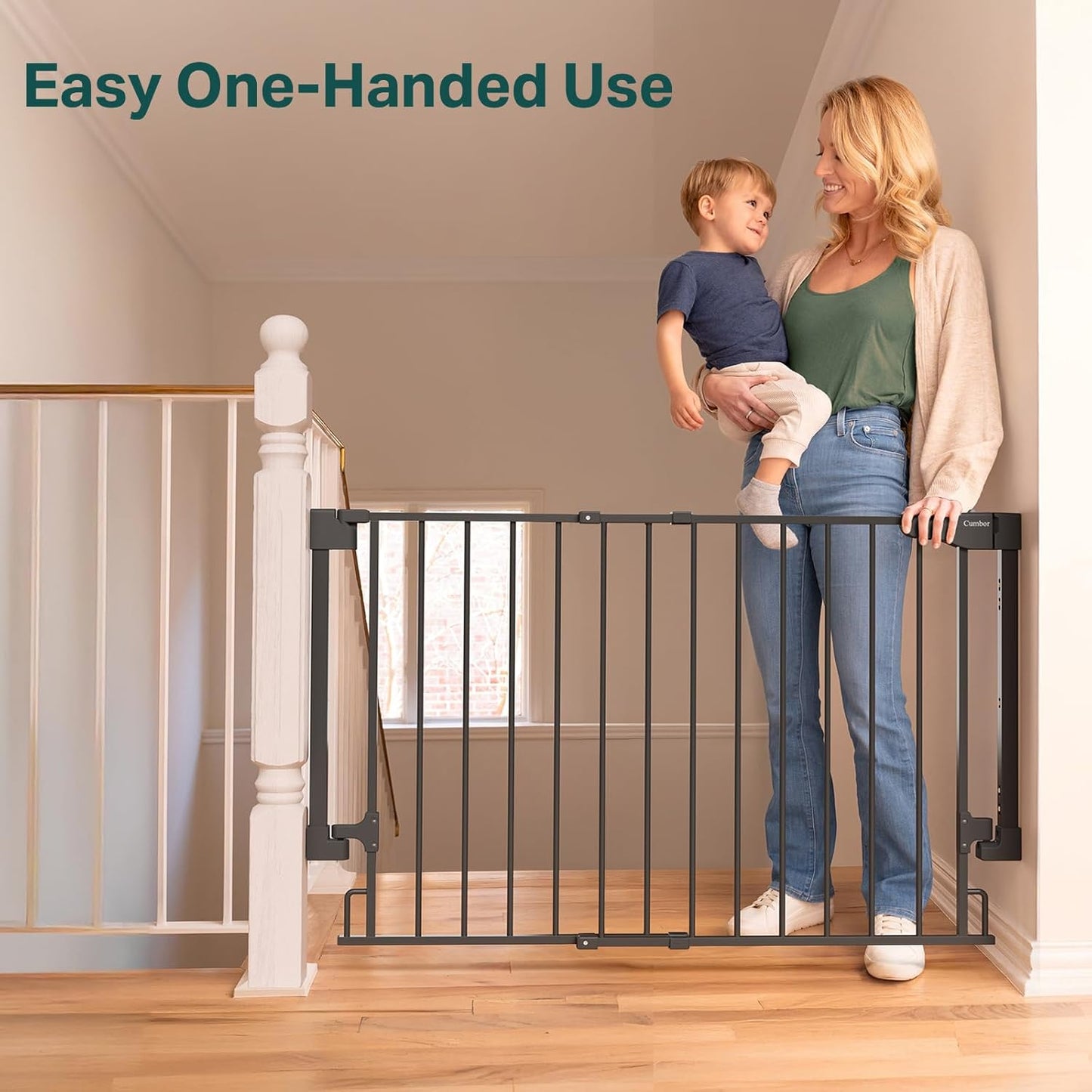 Cumbor 29.2–43" Baby Gate for Stairs, Wall-Mounted (Drill Required), Expandable No Bottom Bar Dog Gate, Auto Close Extra Wide Walk Thru, Pet & Toddler Proof Gate, Top & Bottom of Stairways(Black)