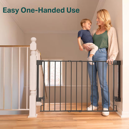 Cumbor 29.2–43" Baby Gate for Stairs, Wall-Mounted (Drill Required), Expandable No Bottom Bar Dog Gate, Auto Close Extra Wide Walk Thru, Pet & Toddler Proof Gate, Top & Bottom of Stairways(Black)