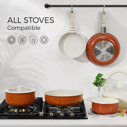 15Pcs Pots and Pans Set Non Stick, Cookware Sets with Detachable Handle, Nonstick RV Kitchen Cooking Tools Removable Handles, Oven Safe, Induction Fast, Stackable Induction Cookware, Tangerine