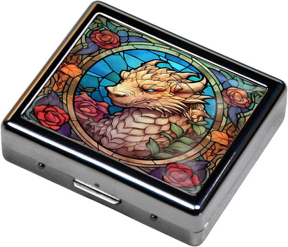 Silver Vintage Pill Box 7 Day Metal Pill Box with Mirror and 8 Compartments Cute Travel Pill Organizer for Purse (Dragon Stained Glass)