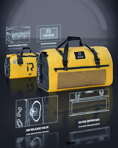 BORLENI Waterproof Motorcycle Dry Duffel Bag Luggage Tail Bag with Large Storage Space,Roll Top Closure, Shoulder Straps, Inner Pocket and Mesh Pocket for Motorcycling Travel Camping(Yellow,70L)
