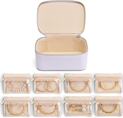 Vlando Travel Jewelry Case with 8 Velvet Jewelry Bags Travel Jewelry Storage Box Jewelry Organizer for Necklace Rings Earrings Teen Girls Gifts Trendy Stuff -Purple