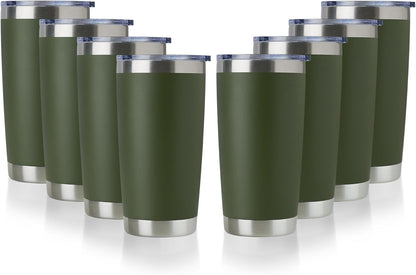 DOMICARE 20oz Stainless Steel Tumbler Bulk with Lid, Double Wall Vacuum Insulated Travel Mug, Powder Coated Coffee Cup, Army Green, 8 Pack