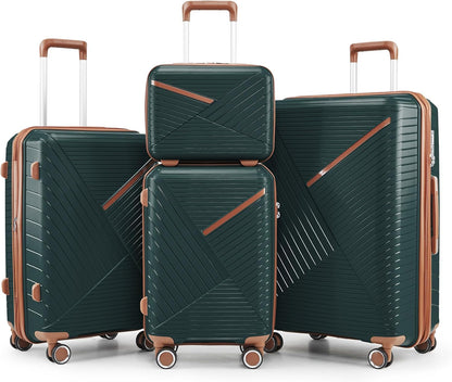 Campfun Luggage Sets 4 Piece, Expandable Carry On Luggage Set Hardshell PP, Suitcase Set with Double Spinner Wheels, Checked Durable Lightweight with TSA Lock, 14/20/24/28in, Dark Green Brown(B)