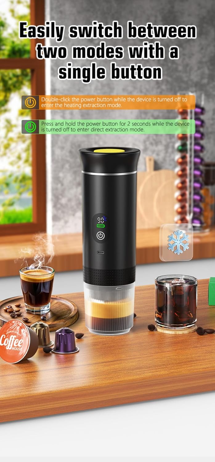 Portable Electric Coffee Maker, Digital Display, Compatible with Coffee Pods,Rechargeable Coffee Machine for Travel, Camping, RV,Home,Office (white)