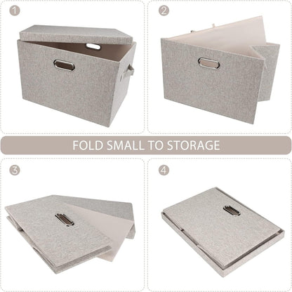 Large 17" 36 Quart Collapsible Stackable Storage Bins with Lids, 5 Packs Beige Linen Fabric Closet Boxes with Lids, Storage Cube Baskets Container Organizers for Bedroom Office(17 x12 x11)