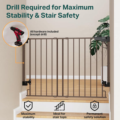 Cumbor 29.2–43" Baby Gate for Stairs, Wall-Mounted (Drill Required), Expandable No Bottom Bar Dog Gate, Auto Close Extra Wide Walk Thru, Pet & Toddler Proof Gate, Top & Bottom of Stairways (Brown)