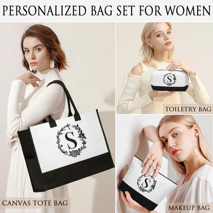 Personalized Mothers Day Gifts for Mom Women, Initial Canvas Tote Bag & Makeup Bag Monogrammed Beach Tote Bag for Women w/Zipper, Birthday Gifts for Her Wife Sister Friend Daughter Teacher Nurse