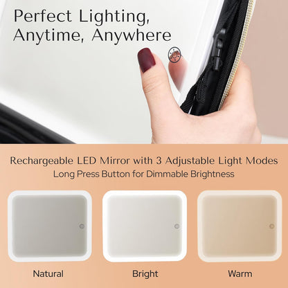 Makeup Bag with LED Mirror – Travel Cosmetic Organizer with Lighted Mirror, Adjustable Dividers & Brush Holder Storage – Portable PU Leather Makeup Case for Women & Girls - Black
