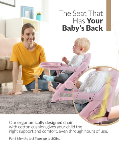 Feed Me 3-in-1 Travel High Chair Booster Seat for Infants and Toddlers - Transitional, Compact & Fits Any Chair, Swivel Tray, Rose Tea
