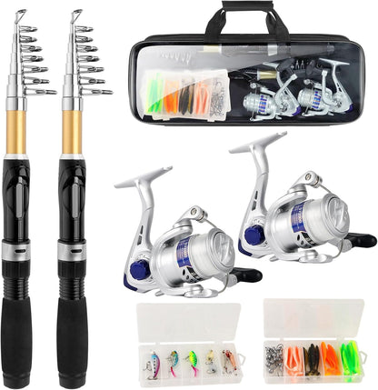 Fishing Pole Set Fishing Rod and Reel Combo,2PCS 1.9M/2.1M Collapsible Fishing Rod Set with 2 PCS Spinning Reels 2 Set of Lures Baits and a Carrier Bag,Prefect for Fishing Travel