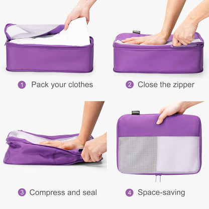 5 Set Compression Packing Cubes for Travel, Space Saving Luggage Organizer Bags (Bright Purple)