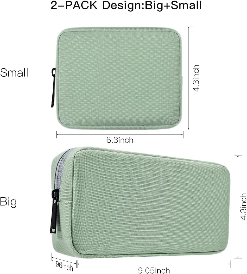 imComor Universal Electronics Accessories Case Bag, 2-Pack Portable Soft Carrying Case Bag Pouch Wire Cable Organizer for Hard Drive, Power Adapter, Laptop Mouse, Cosmetics Kit, Small+Big-Mint Green