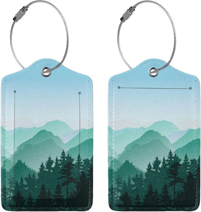 2 Pcs Cute Green Mountain Luggage Tag for Suitcase, Steel Loop with Privacy Cover ID Label, Green Hill Forest Birthday Decoration Themed Travel Gift