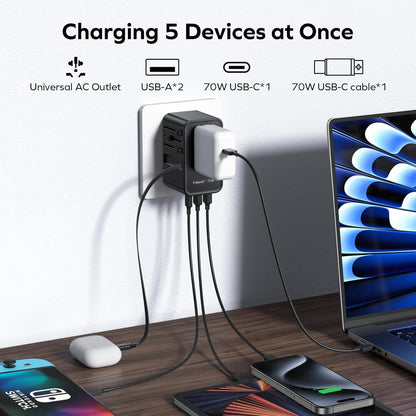 MOMAX Universal Travel Adapter, International Power Plug Adapter with 1 USB C (PD 70W), 2 USB A Ports, 1USB-C Cable (PD 70W), All-in-One Worldwide Wall Charger for USA European UK AUS (Type C/G/A/I)