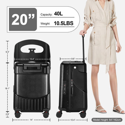 Ride On Luggage with Foldable Seat for Kids&Adults with Seat Belt,Hardshell Ride On Suitcase with Front Pocket,Lockable 4-Spinner Wheels,USB Port,TSA Lock,20 inch,Black