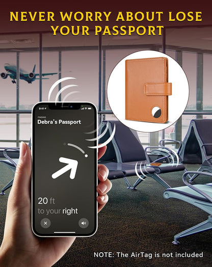 Passport Holder Wallet Cover Case for Women and Men,RFID Blocking,Passport Case with AirTag Holder,Travel Accessories (Brown)