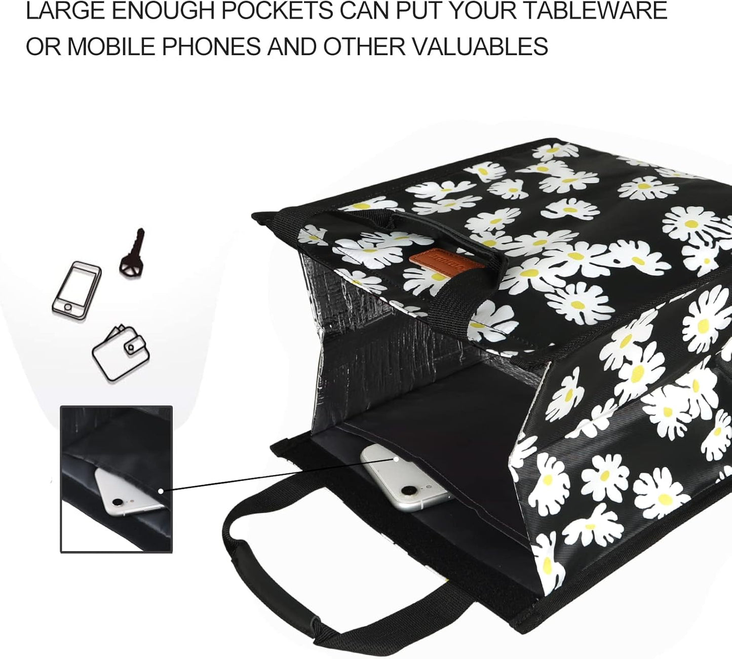 Lunch Bags for Women Insulated Reusable Lunch Tote with Internal Pocket, Lunch Tote bag for Work（Daisy）