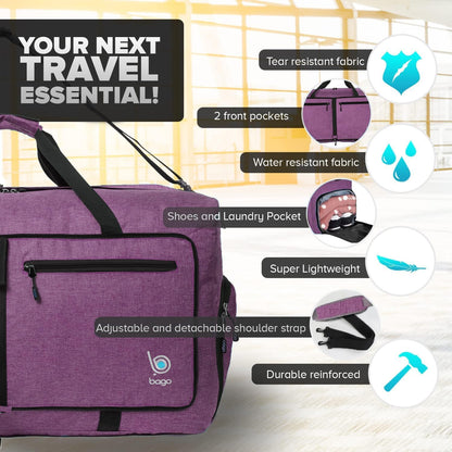 Bago Large Foldable Duffel Bags for Traveling Women & Men - 80L Packable Duffle Bag for Travel with Shoe Compartment - Water Repellant, Heavy Duty, Lightweight Folding & Collapsible (SnowDepPurple)