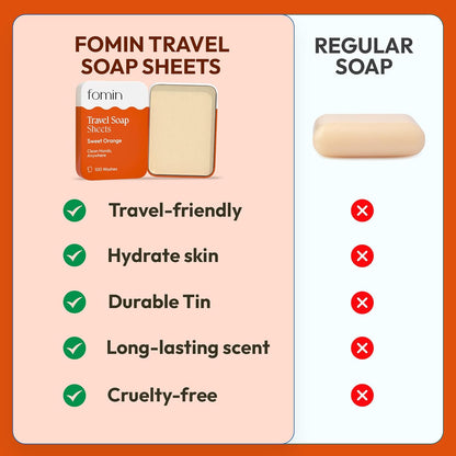 FOMIN - Antibacterial Paper Soap Sheets Tin for Traveling - (100 Sheets) Orange Portable Travel Hand Soap Sheets, Dissolvable Mini Camping Hand Soap for Hand Washing