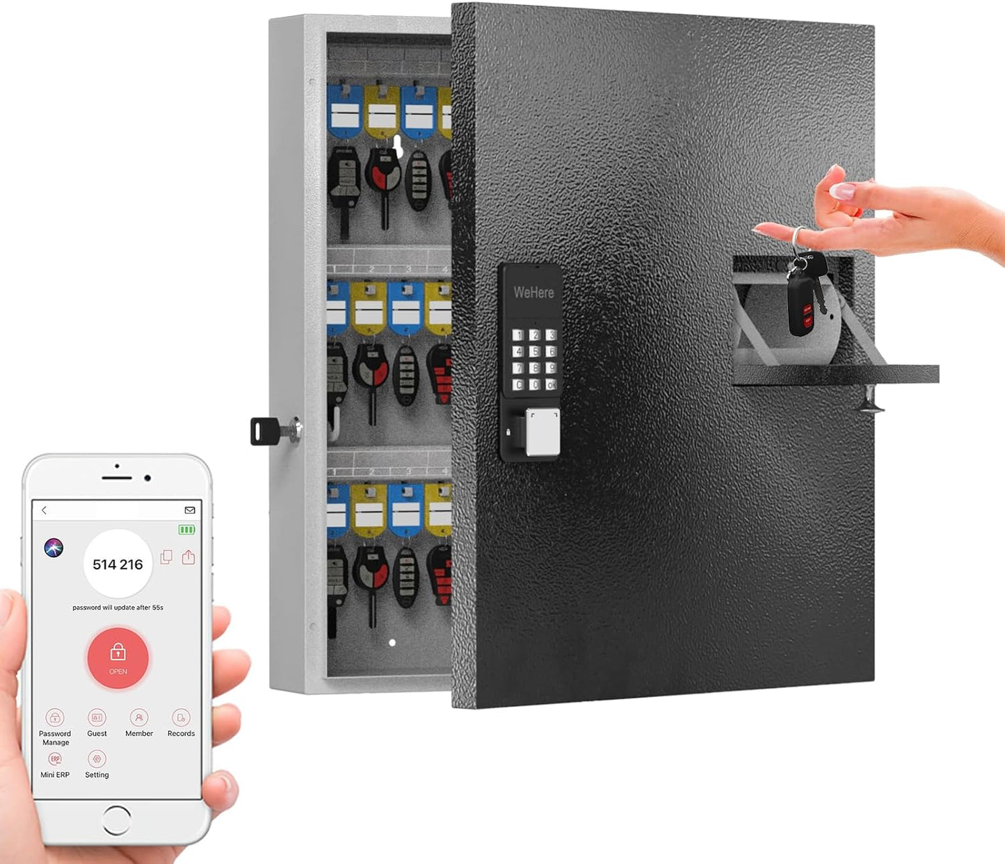 WeHere 56 Keys Lock Box, Key Cabinet with Key Drop Slot, APP Bluetooth/OTP/Wi-Fi, Fixed Code/Key Unlock, Large Key Return Box for Hotel,Car Dealerships,Realtors,Office,School