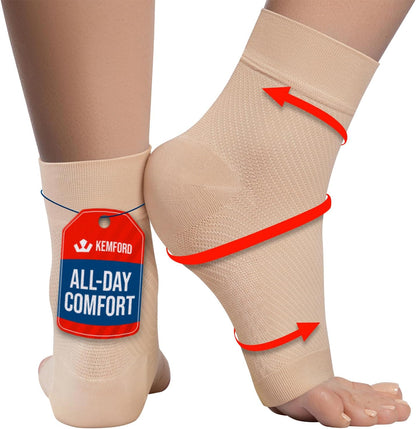 KEMFORD Ankle Compression Sleeve - Plantar Fasciitis Braces - Open Toe Compression Socks for Swelling, Sprain, Neuropathy, Foot Arch Support for Men and Women - 20-30mmhg, L, Beige