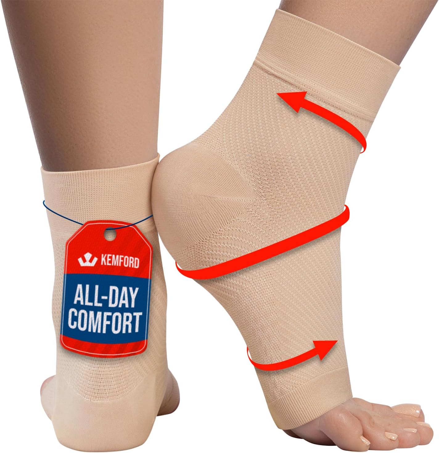 KEMFORD Ankle Compression Sleeve - Plantar Fasciitis Braces - Open Toe Compression Socks for Swelling, Sprain, Neuropathy, Foot Arch Support for Men and Women - 15-20mmhg, L, Beige