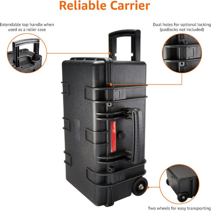 Amazon Basics Hard Camera Case with Wheels, Large, Black, Solid, 22"L x 14"W x 9.8"H