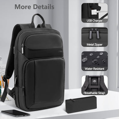 Backpack for Men Slim & Expandable Travel Laptop Backpack with USB Charging Port Water Resistant Anti-Theft Business Backpack Fits 15.6In Laptop for Commute Work College with Small Bag(Business Black)