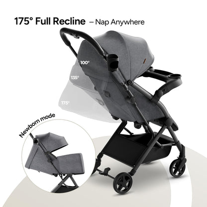 Mompush Lithe V2 Lightweight Travel Stroller, Compact Foldable Baby Stroller with Travel Bag, One-Hand Fold Stroller, Snack Tray, Mechanical Recline Seat, Airplane-Ready, Organizer & Rain Cover