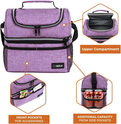 OPUX Lunch Box For Women, Insulated Large Lunch Bag Adult Work, Double Decker Lunchbox Meal Prep, Dual Compartment Leakproof Lunch Cooler, Soft Lunch Pail Tote for Girls Kids School (Purple 16 Cans)