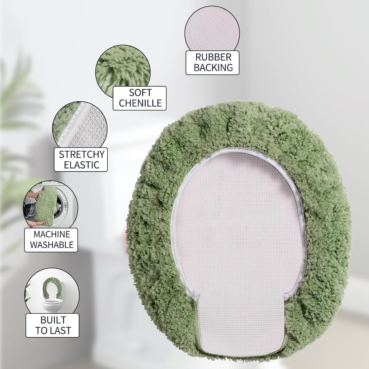 Microfiber Elongated Toilet Seat Cover 19.5"x 15" Machine Washable Solid Toilet Lid Cover Adjustable Rubber Backing Fits Most 18-19.5" L x 14-16" W Elongated Toilet Seat