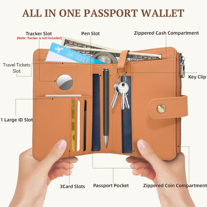 Full Grain Leather Passport Wallet, RFID Blocking Passport Holder with AirTag Slot, Multi Compartment Travel Wallet for Women & Men, Secure Passport Cover Case for Airport Essentials (Brown)