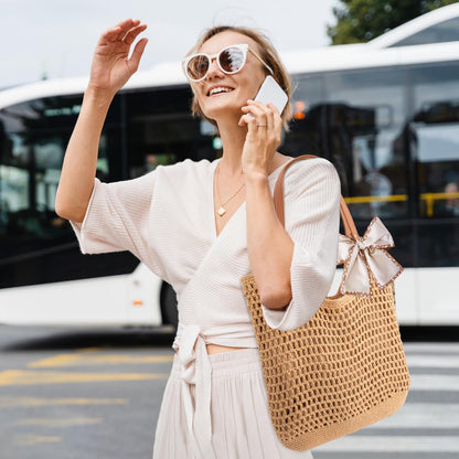 Peicees Crochet Beach Bag For Women Summer Tote Bag Boho Shoulder Bag With Leak-Proof Lining for Vacation Travel Woven Purse
