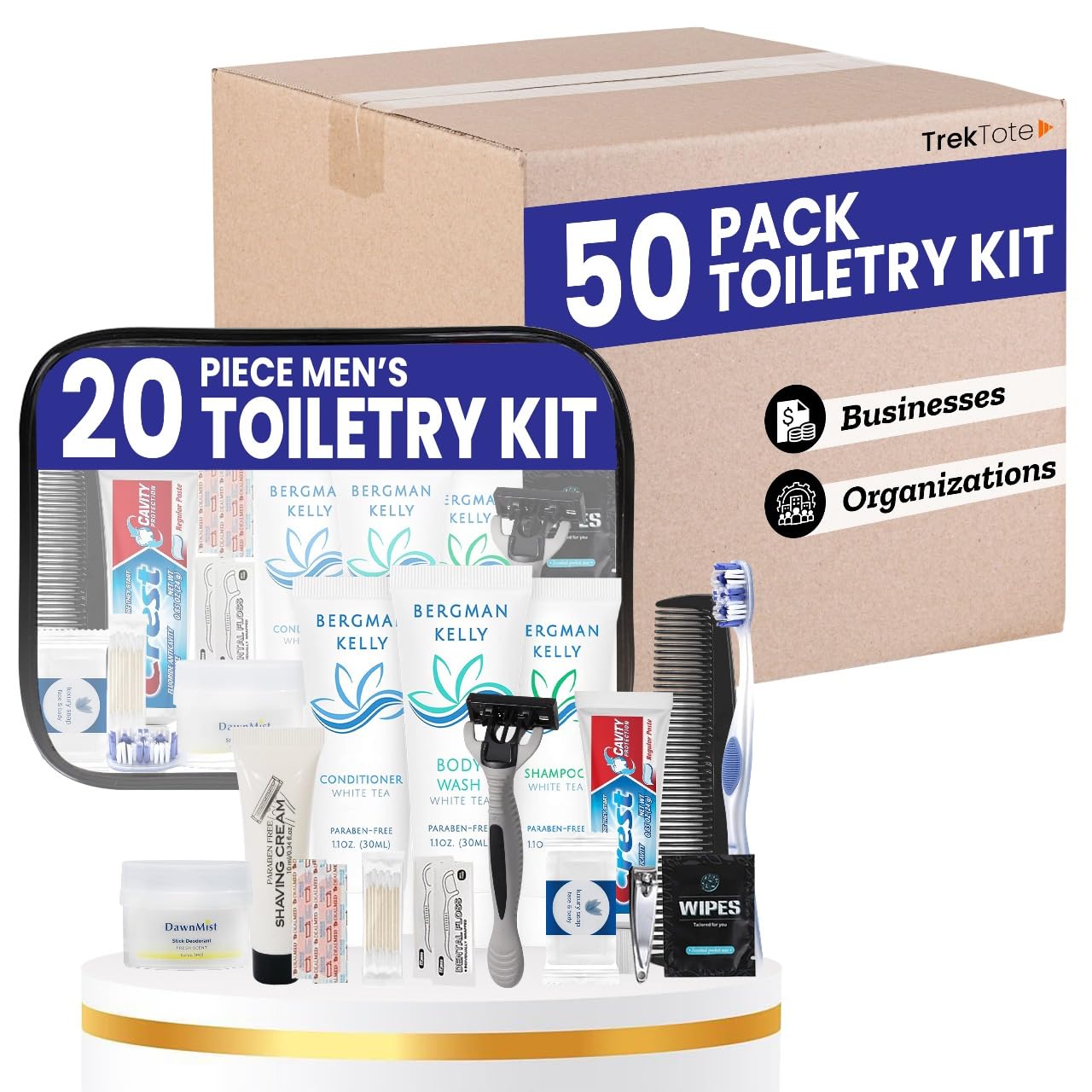 Trektote Bulk Hygiene Kit For Men And Women – (50 Pack) 20 Piece Set Of Travel Size Toiletries, TSA Compliant, Bulk Travel Essentials, Includes Shampoo And Conditioner, Body Wash, Toiletry Bag & More