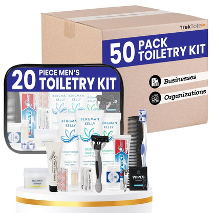 Trektote Bulk Hygiene Kit For Men And Women – (50 Pack) 20 Piece Set Of Travel Size Toiletries, TSA Compliant, Bulk Travel Essentials, Includes Shampoo And Conditioner, Body Wash, Toiletry Bag & More