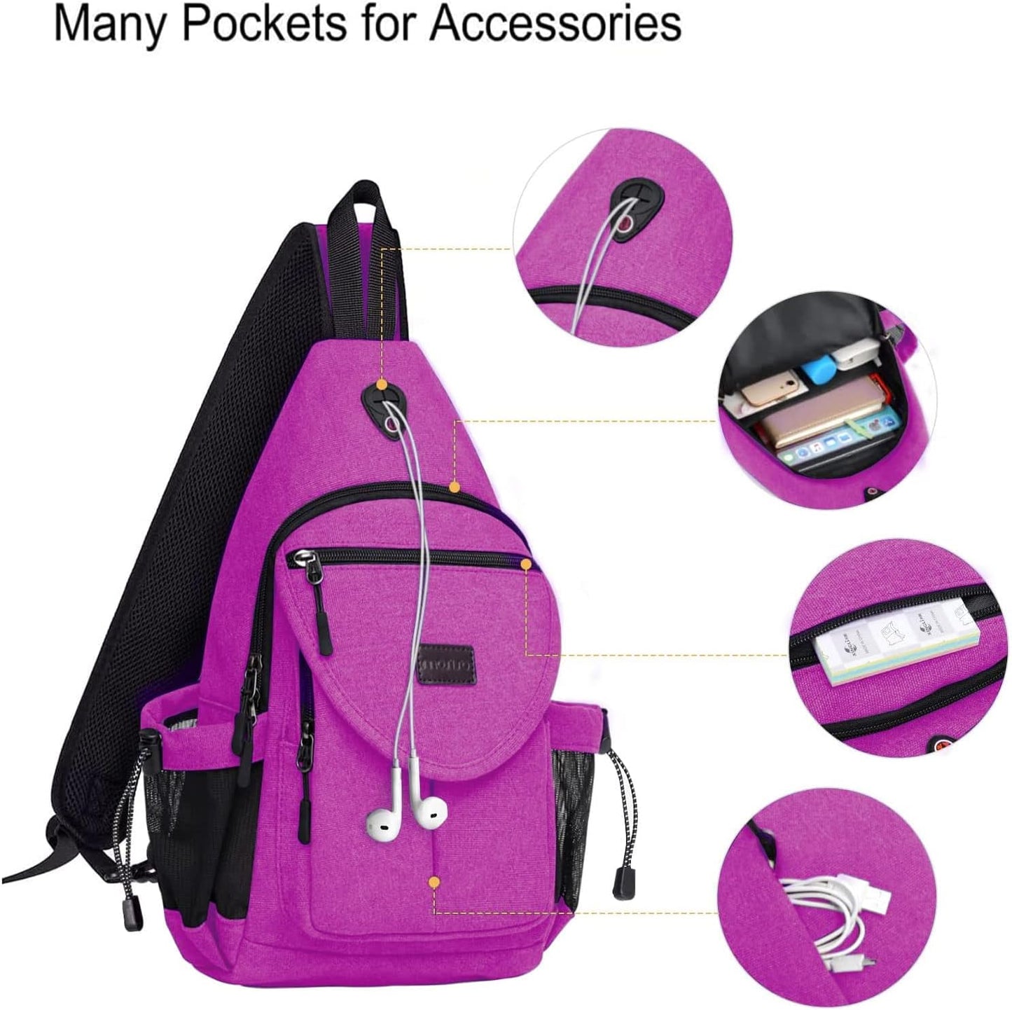 MOSISO Sling Backpack,Canvas Crossbody Hiking Daypack Bag with Anti-theft Pocket, Rose Red