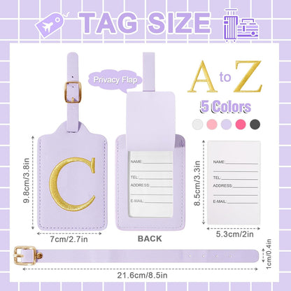 Personalized Initial Luggage Tags for Suitcase, Purple Leather Cute Luggage Tags with Privacy Cover Name Card, Embroidered Custom Monogrammed Luggage Tag Travel Backpack Tags Gifts for Women Kids(C)