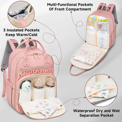 Diaper Bag Backpack,Stylish Baby Diaper Bag,Waterproof Travel Diaper Backpacks Baby Bags with Changing Pad,Stroller Straps,Insulated Pockets (Pink)