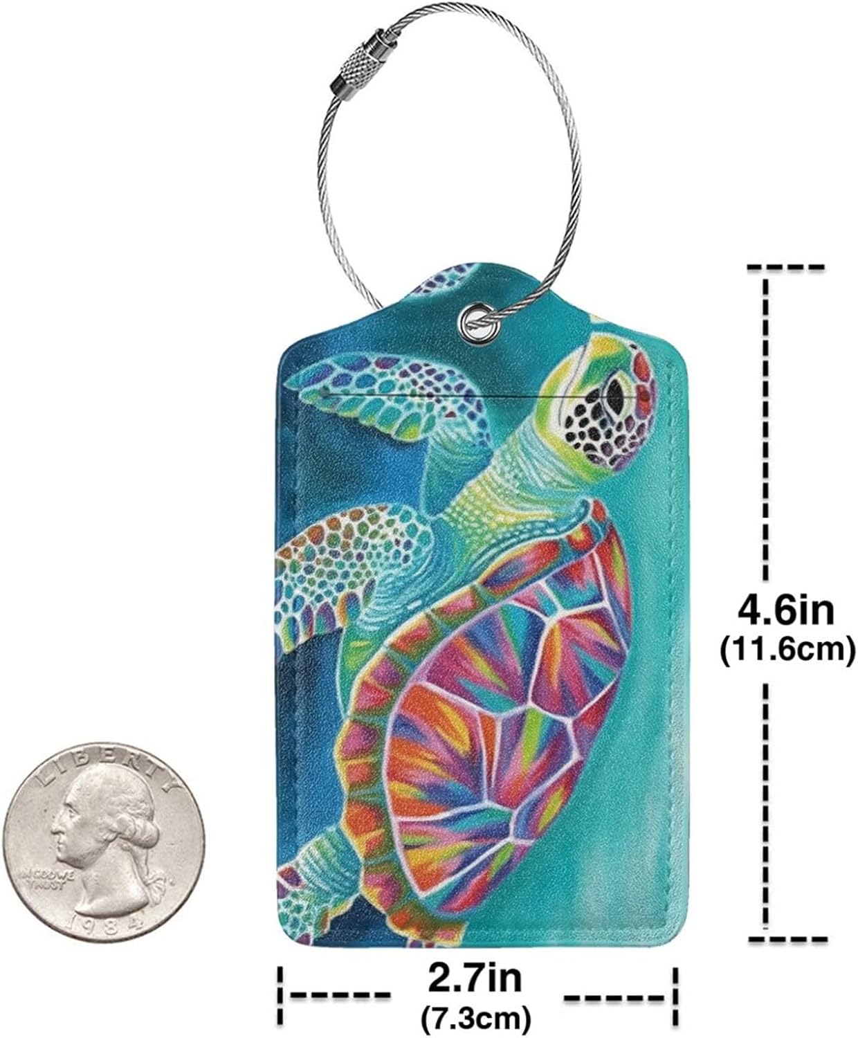 Sea Turtle Leather Luggage Tag with Stainless Steel Ring, Fun Name Id Card Cover Travel Bag Tag Set, Suitable for Travel Bag Luggage Women Men 2 PCS