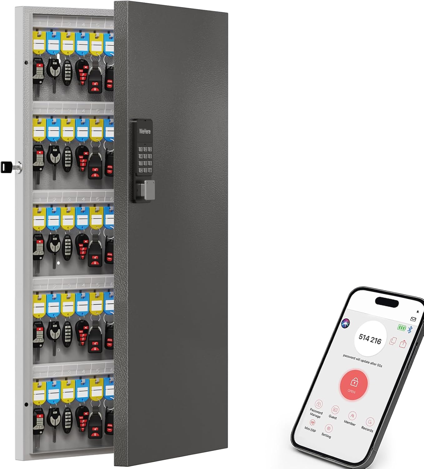 WeHere 120 Key Lock Box Wall Mount, APP Bluetooth/OTP/Wi-Fi/Fixed Code/Key Unlock, Smart Key Cabinet with Key Tag, Key Organizer Holder Box, Key Management Directory for Office, Valet, Realtor, Hotel