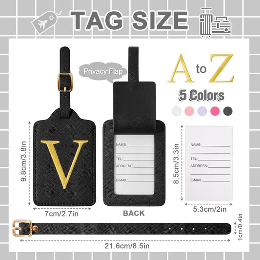 Personalized Initial Luggage Tags for Suitcase TSA Approved, Black Leather Cute Luggage Tag with Privacy Cover Name Card, Embroidered Custom Luggage Tags Travel Backpack Tags Gifts for Women Kids(V)