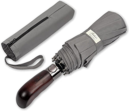 Balios Travel Folding Umbrella with Real Wood Handle Auto Open Close Vented Windproof Canopy - Designed in UK