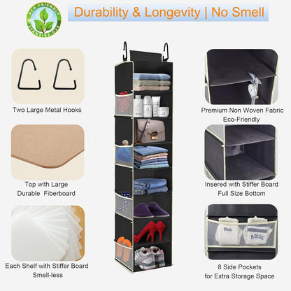 Large-Sized Hanging Shoe Organizer 8-Shelf, Hanging Closet Organizer with 8 Side Pockets, Wider Hanging Shelves for Storage Shoes Clothes 9" W × 11.8" D× 48" H, Black.