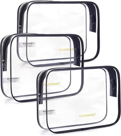 BAGSMART Clear Toiletry Bag, 3 Packs TSA Approved Water resistant Quart Size Travel Organizer, Airport Airline Travel Essential Carry On Makeup Cosmetic Bags for Women, Black