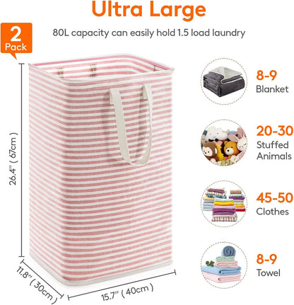 Lifewit 2 Pack Laundry Hamper Large Collapsible Laundry Baskets, Freestanding Waterproof Clothes Hamper with Easy Carry Handles in Laundry Room Bedroom Bathroom College Dorm for Adults, Pink, 2 x 80L